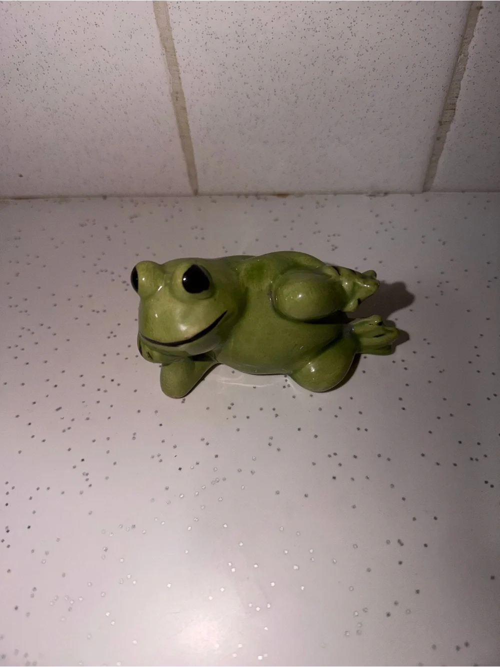 Glazed Green Ceramic Frog Figurine - Vintage Cottagecore Trinket